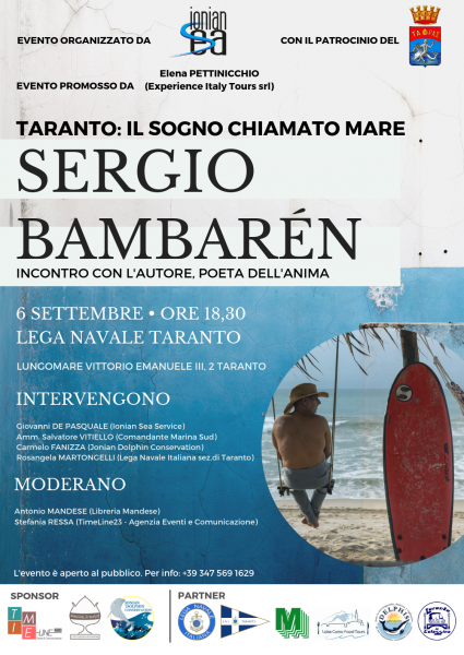 Sergio Bambarén, autore del best seller  “Il Delfino”,  il 6 settembre presso la Lega Navale di Taranto
